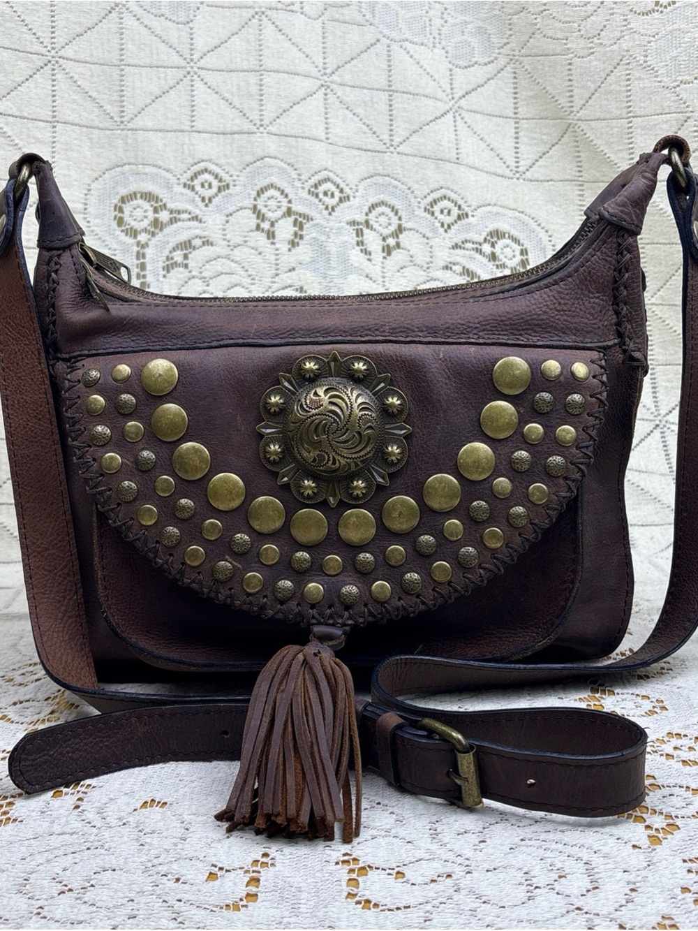 Patricia Nash Leather Brown Crossbody Shoulder Purse Brass Studded Western Boho
